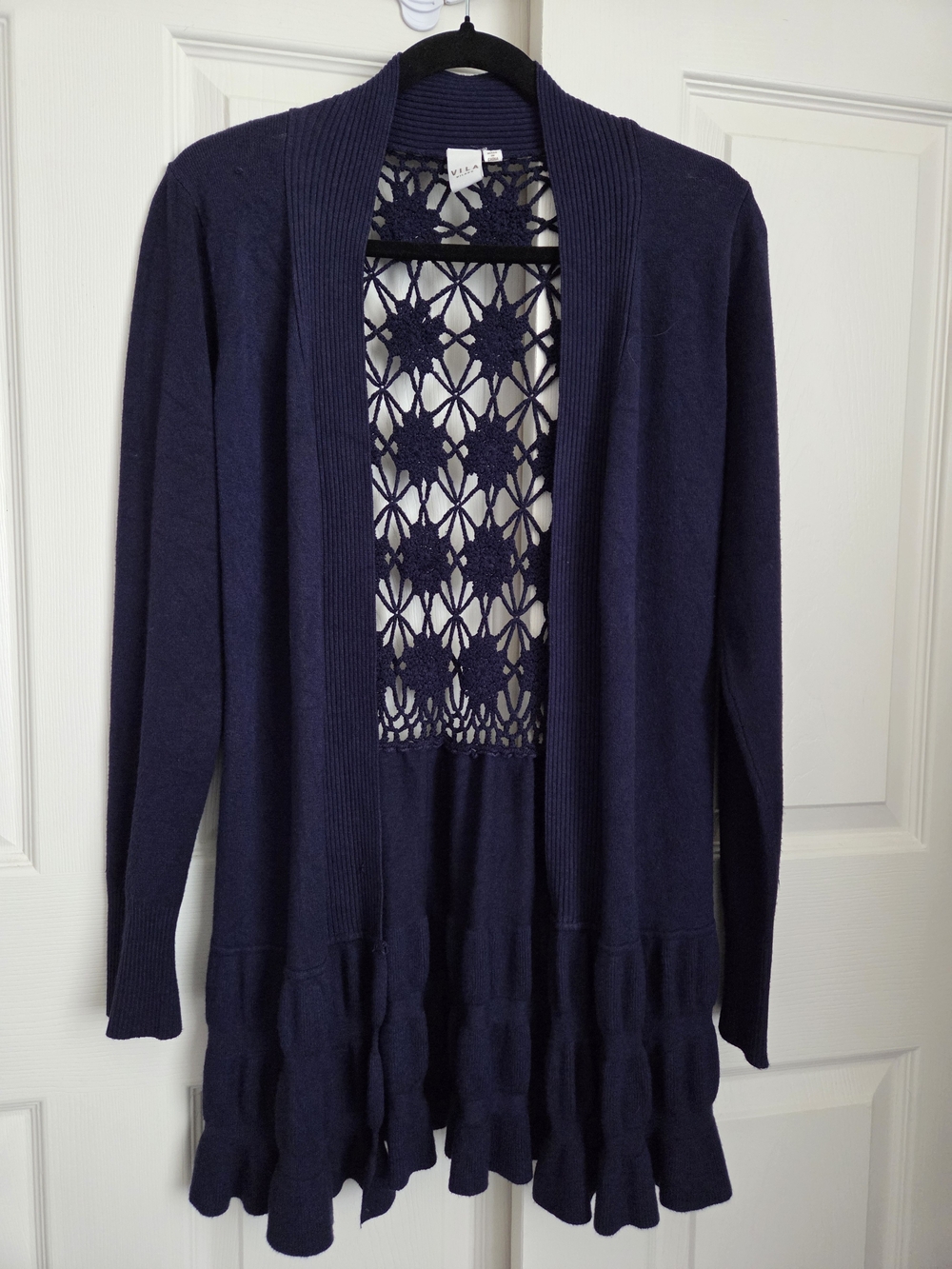 VILA Milano Navy Open-Front Cardigan with Crochet Back